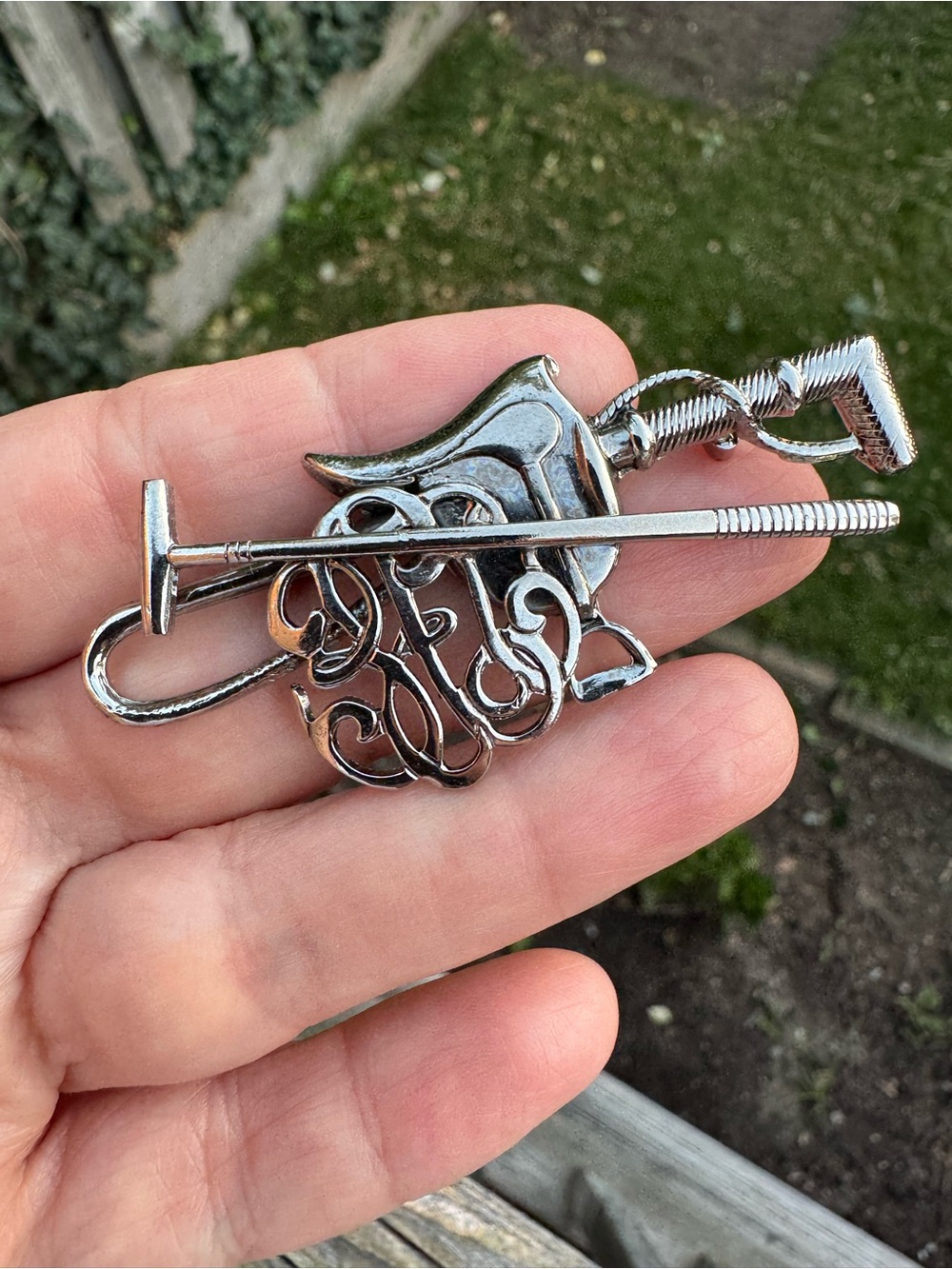 Silver Tone Equestrian Saddle & Riding Crop Lapel Pin